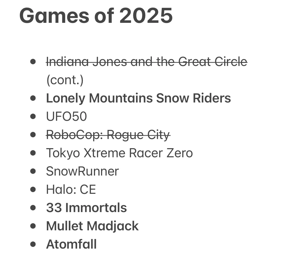 Ví dụ về hệ thống theo dõi game đã chơi đơn giản trên ứng dụng ghi chú Apple Notes với các ký hiệu định dạng