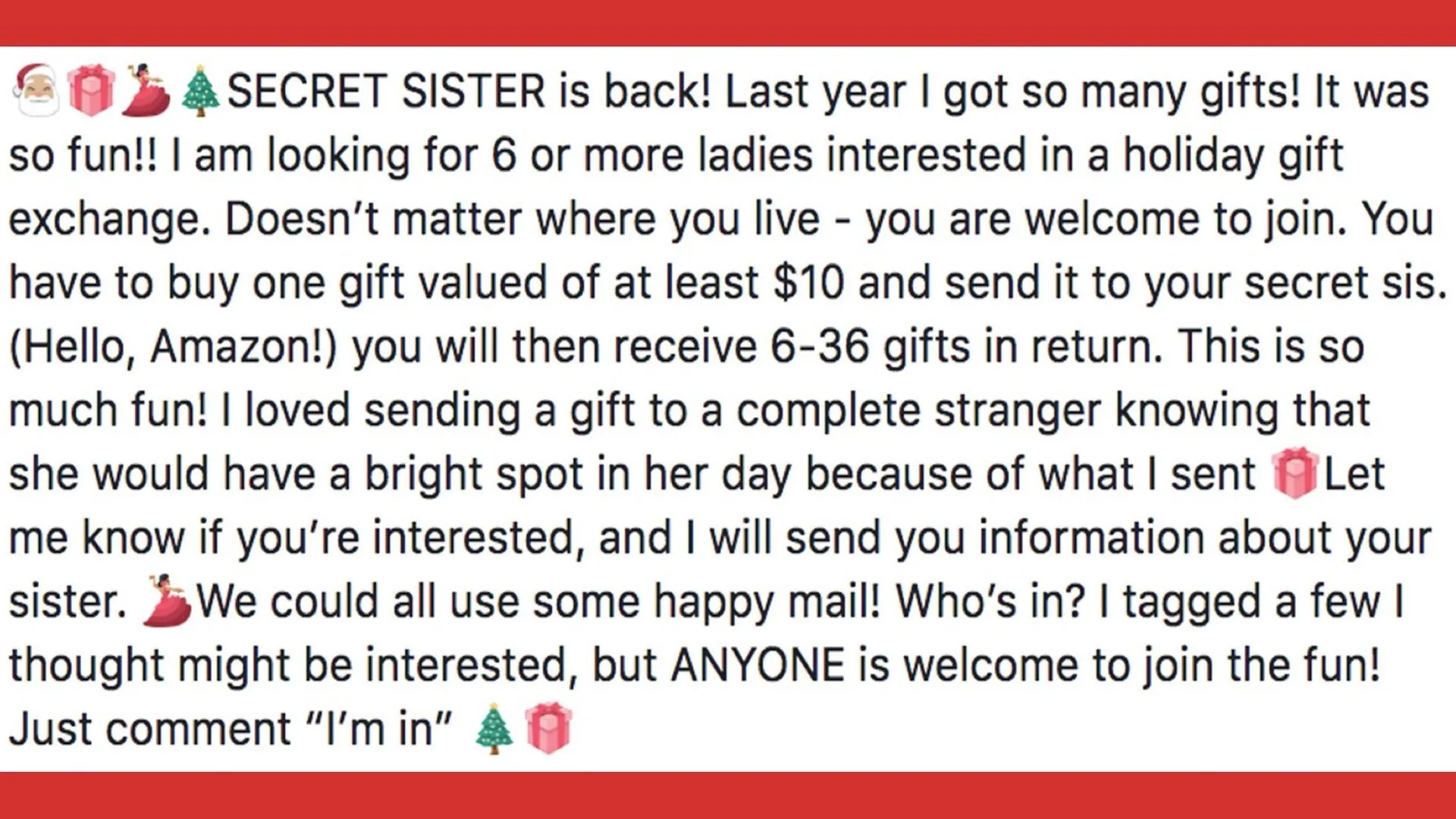 Ảnh chụp màn hình bài đăng trên Facebook mô tả chiêu trò lừa đảo &quot;Secret Sister&quot; kêu gọi gửi quà cho người lạ để nhận lại nhiều quà hơn.