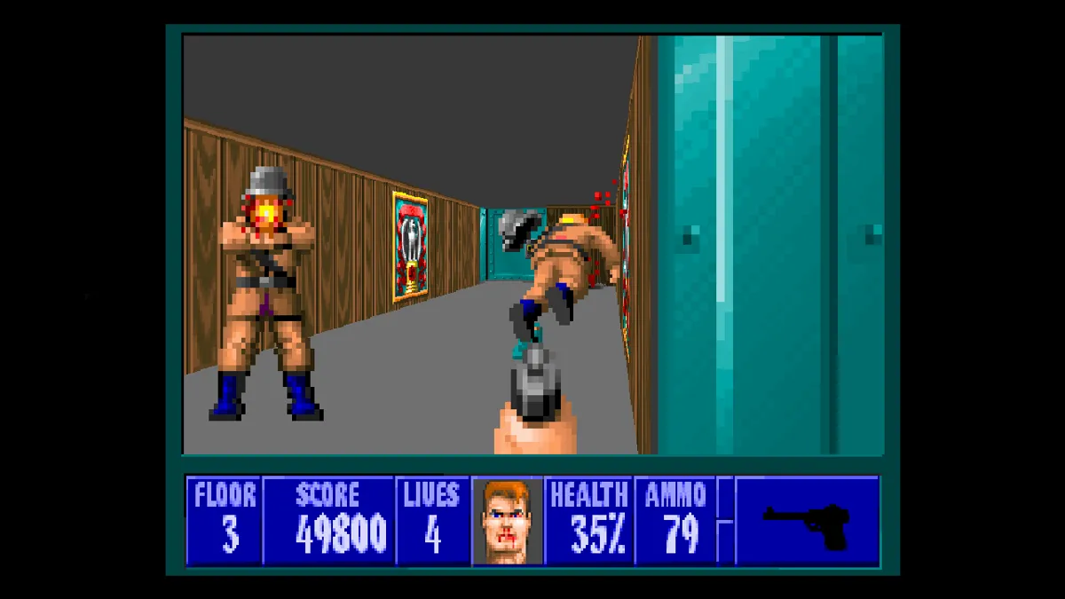 Ảnh chụp màn hình game Wolfenstein 3D, tựa game tiên phong thể loại FPS.