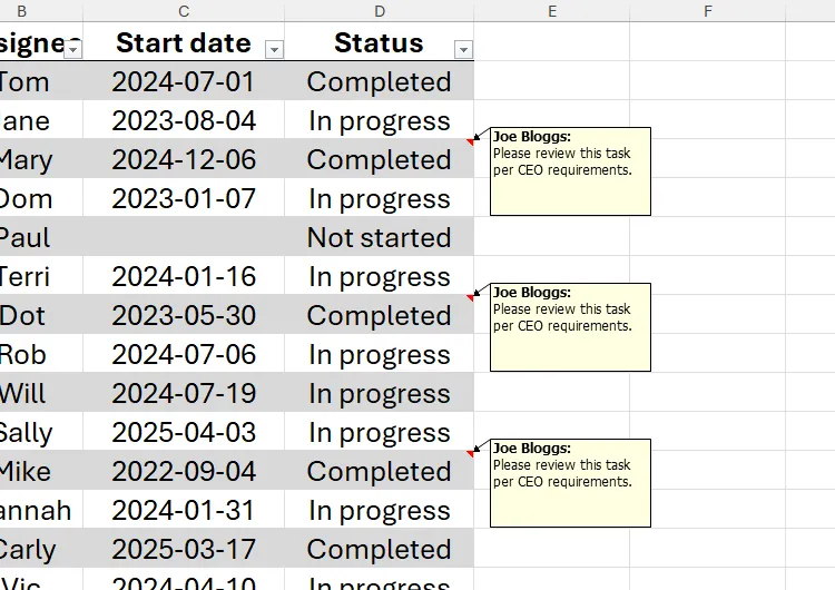 Ba ô trong Excel chứa cùng một ghi chú.