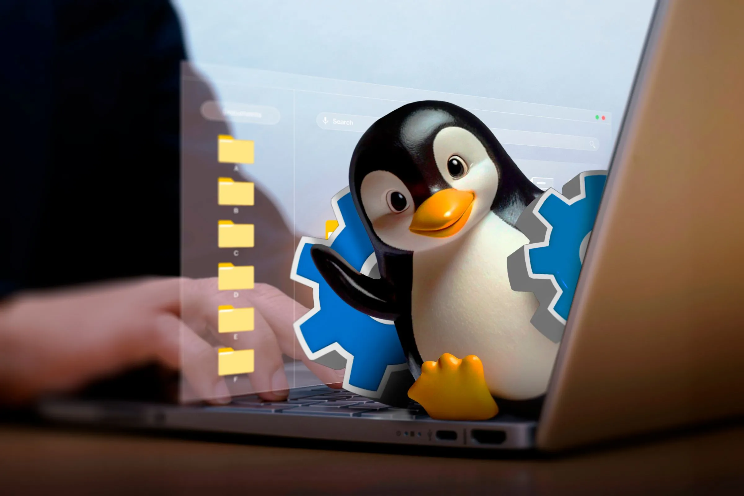 Bàn tay đang sử dụng máy tính xách tay và biểu tượng chim cánh cụt Linux xuất hiện từ màn hình với bánh răng và các tệp phía sau