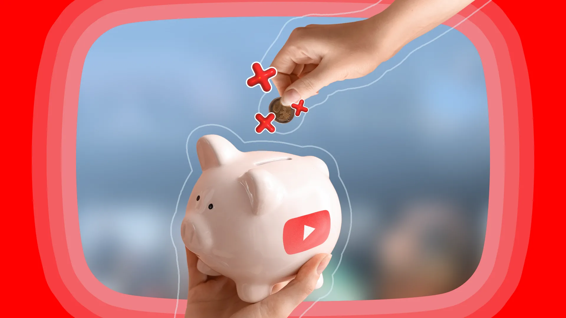 Bàn tay đặt tiền vào ống heo với logo YouTube, minh họa giá trị và tầm quan trọng của nền tảng video này