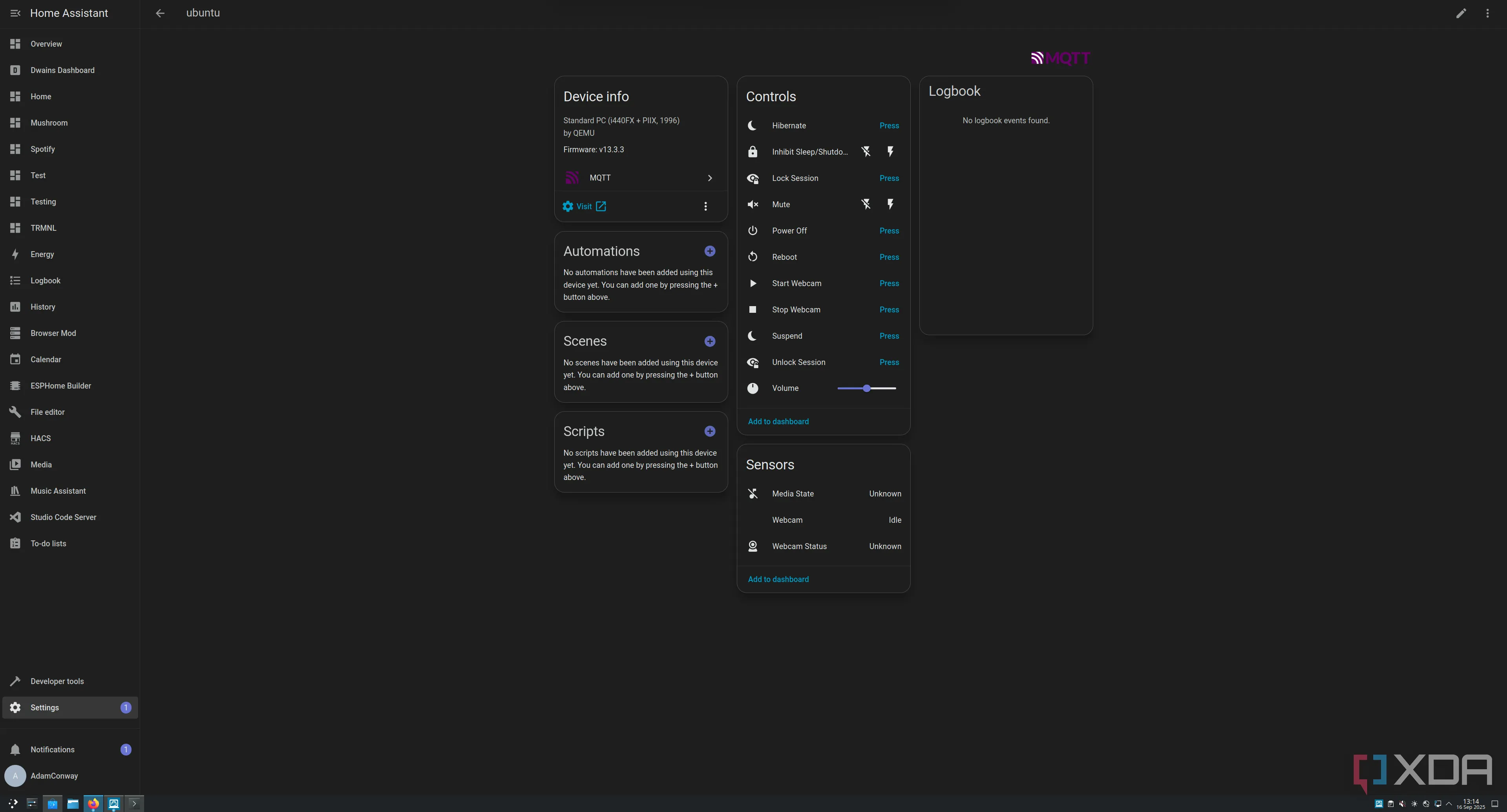 Bảng điều khiển Home Assistant hiển thị thông tin thiết bị, dữ liệu cảm biến và nhật ký, với menu điều hướng bên trái.