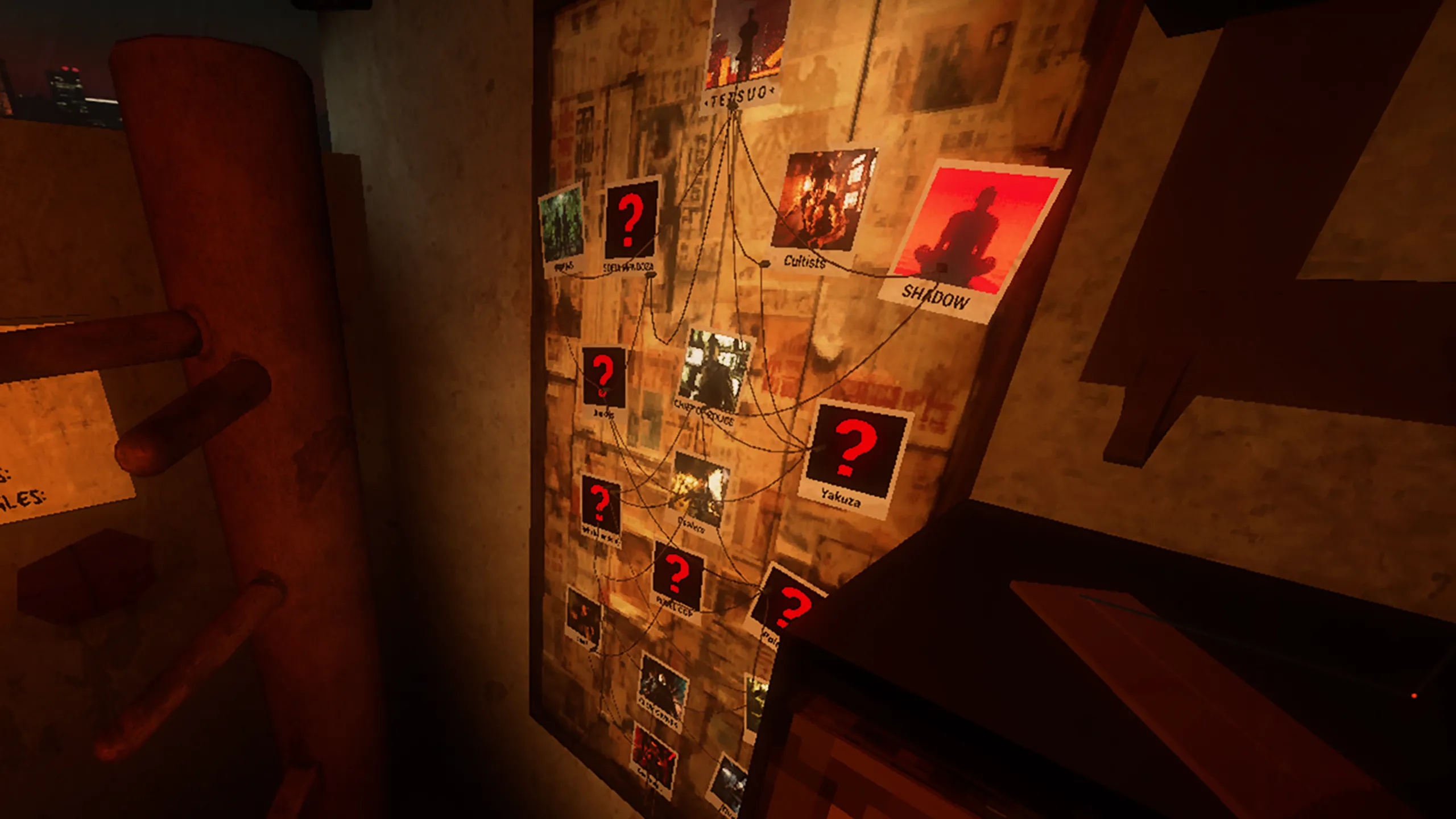 Bảng nhiệm vụ với các kẻ thù được ghim trên đó trong Path of Fury, cho thấy cấu trúc game arcade và hệ thống mục tiêu của tựa game Kung Fu VR này.