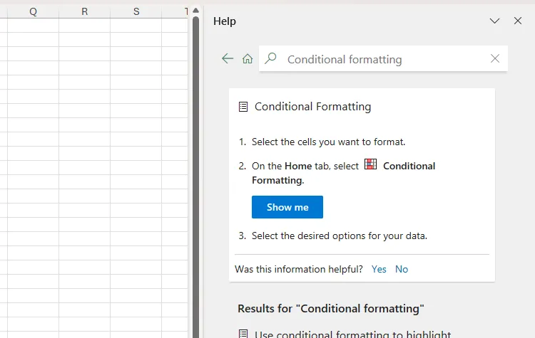 Bảng trợ giúp của Excel hiển thị các mẹo sử dụng định dạng có điều kiện