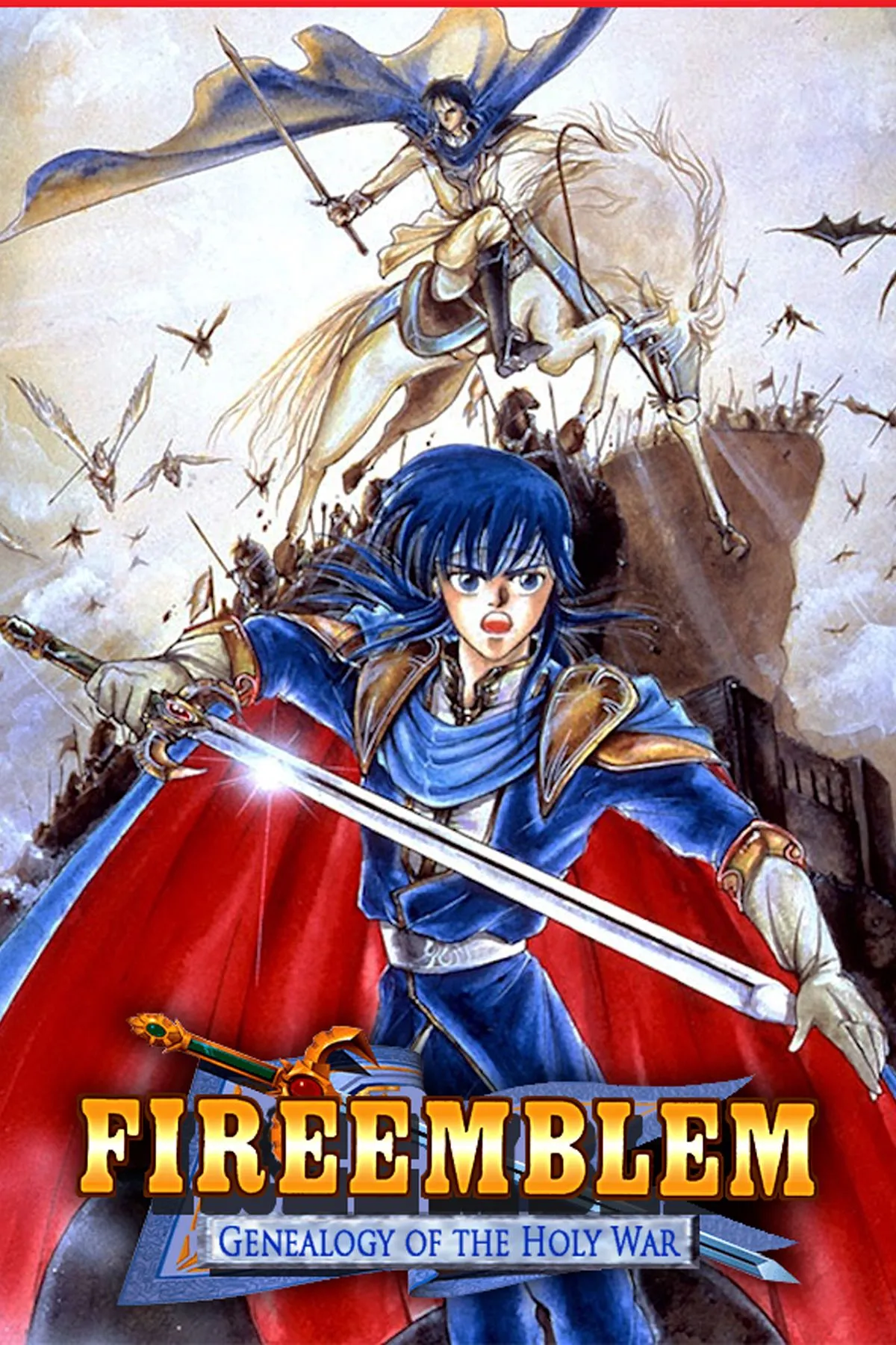 Bìa game Fire Emblem: Genealogy of the Holy War với các nhân vật Sigurd và Seliph cùng đội quân trong khung cảnh chiến tranh