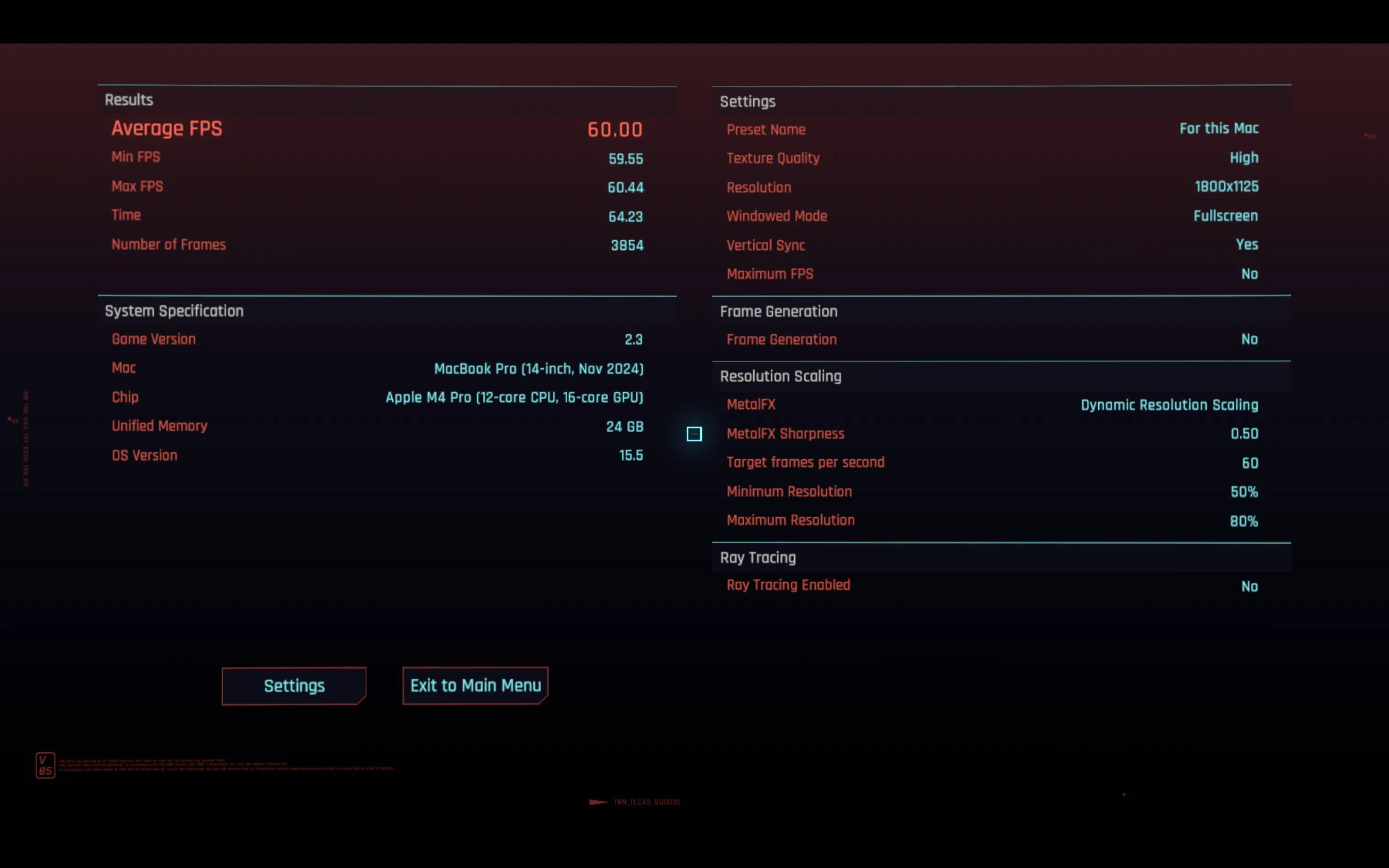 Biểu đồ kết quả benchmark Cyberpunk 2077 trên Mac, thể hiện hiệu năng với preset &quot;For this Mac&quot;