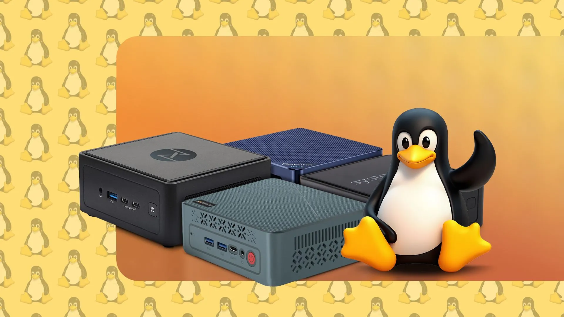 Biểu tượng chim cánh cụt Linux bên cạnh các Mini PC, gợi ý homelab nhỏ gọn