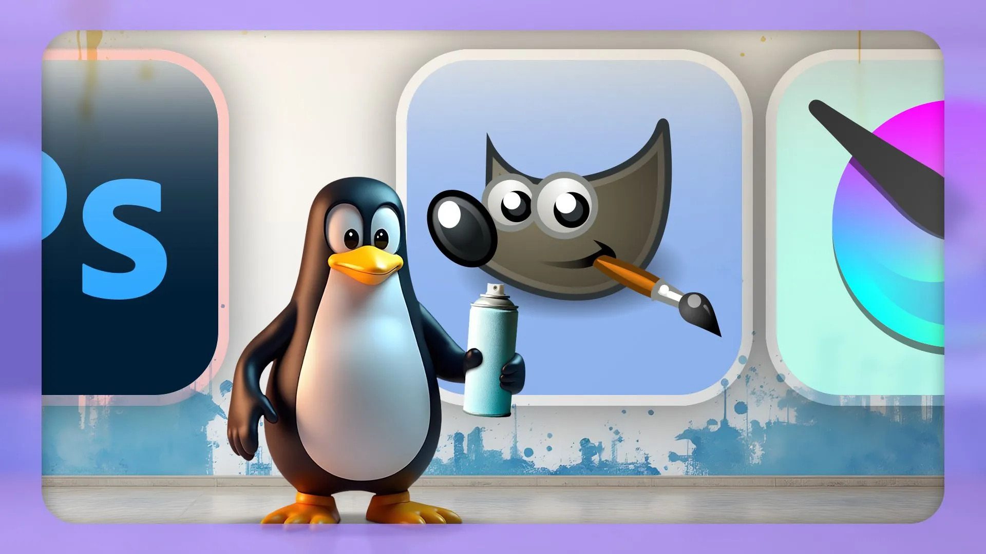 Biểu tượng chim cánh cụt Linux cầm bình xịt, logo Photoshop bên trái và logo GIMP bên phải