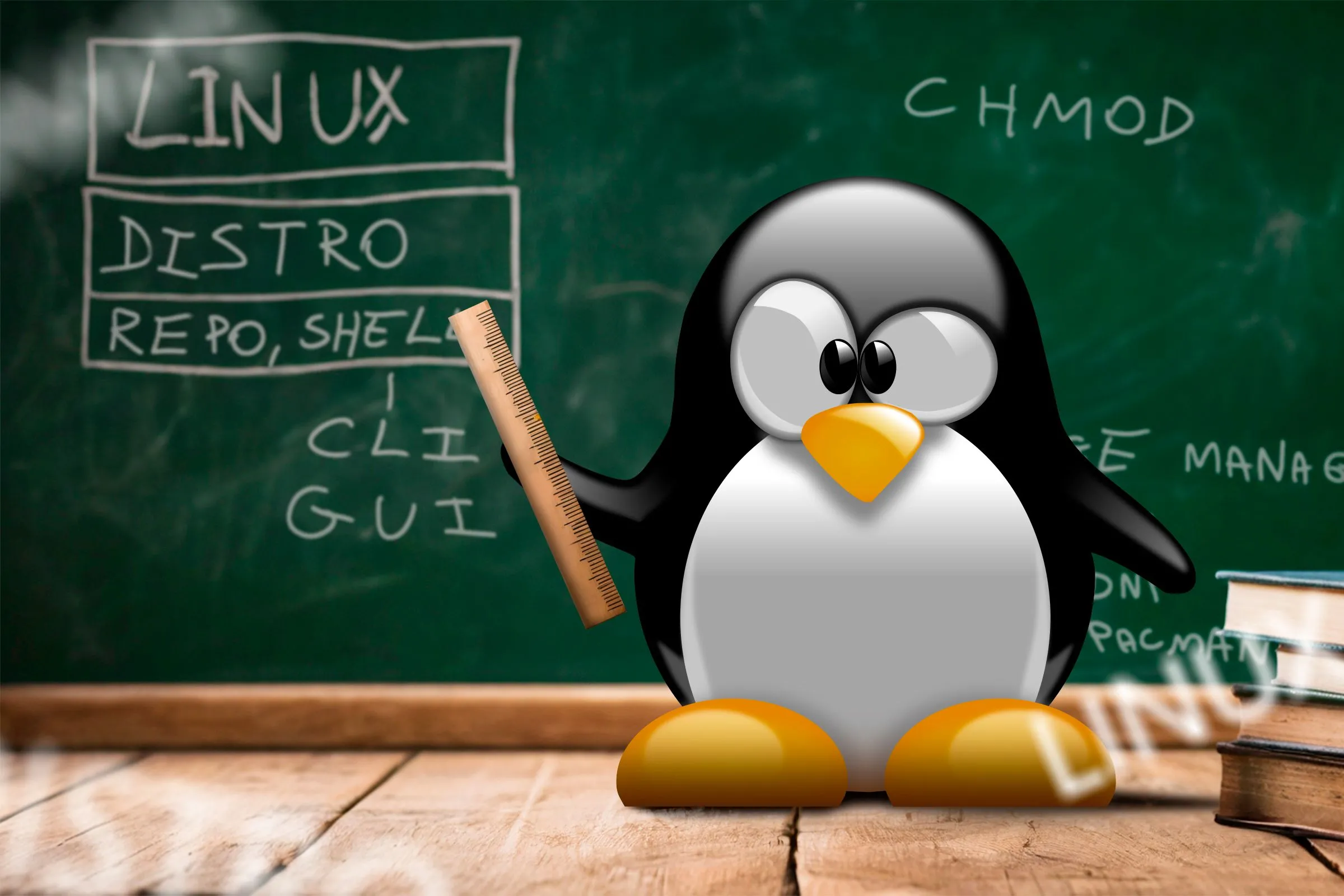 Biểu tượng chim cánh cụt Linux đang giảng bài với một bảng đen chứa các thuật ngữ Linux