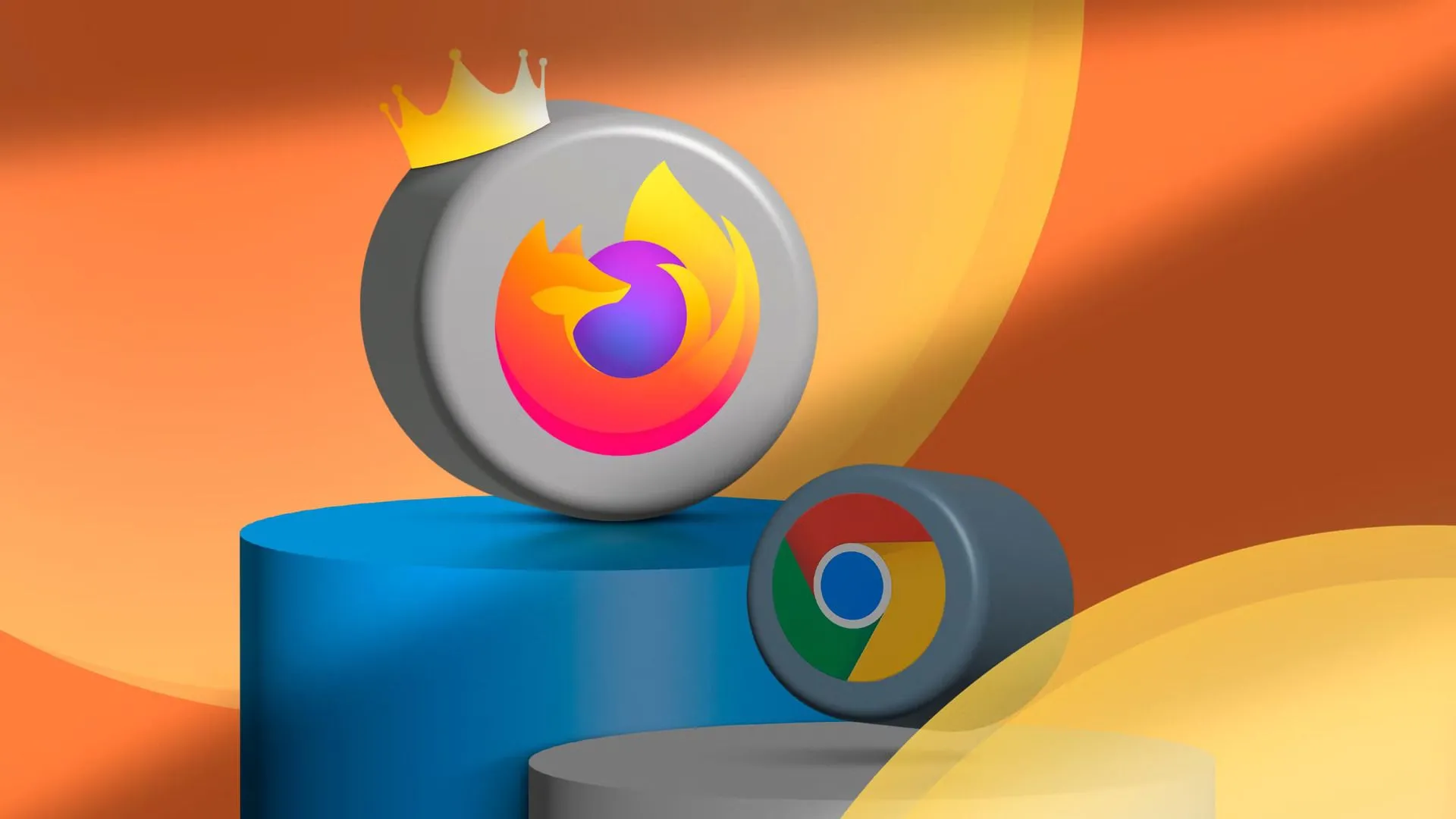 Biểu tượng Firefox và Chrome trên bục, với Firefox đội vương miện, tượng trưng cho sự cạnh tranh và lựa chọn trình duyệt