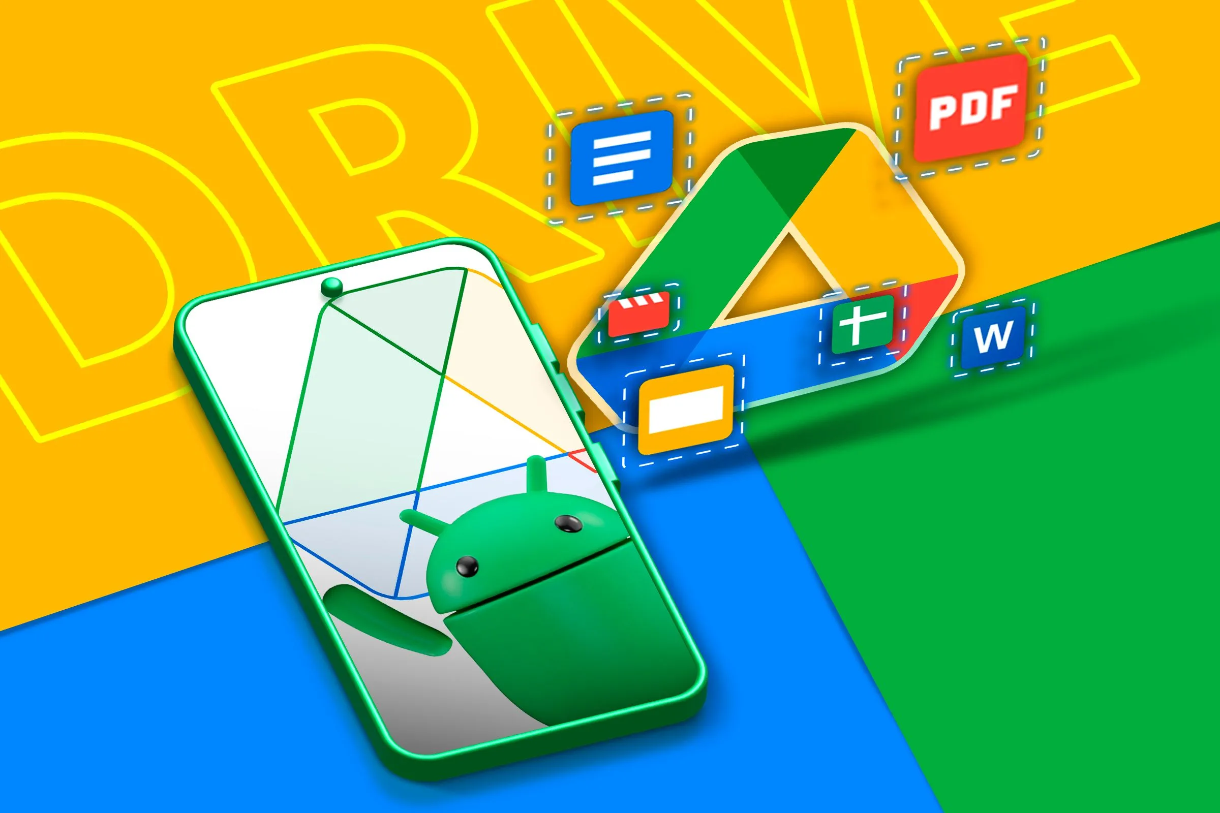 Biểu tượng Google Drive và Android trên điện thoại thông minh, tượng trưng cho khả năng truy cập mọi lúc mọi nơi.