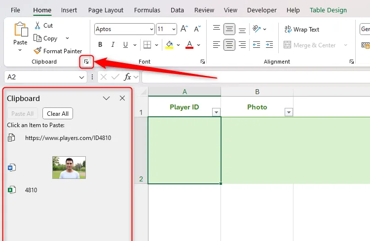 Biểu tượng khởi chạy ngăn Clipboard trong tab &quot;Trang chủ&quot; của Excel.