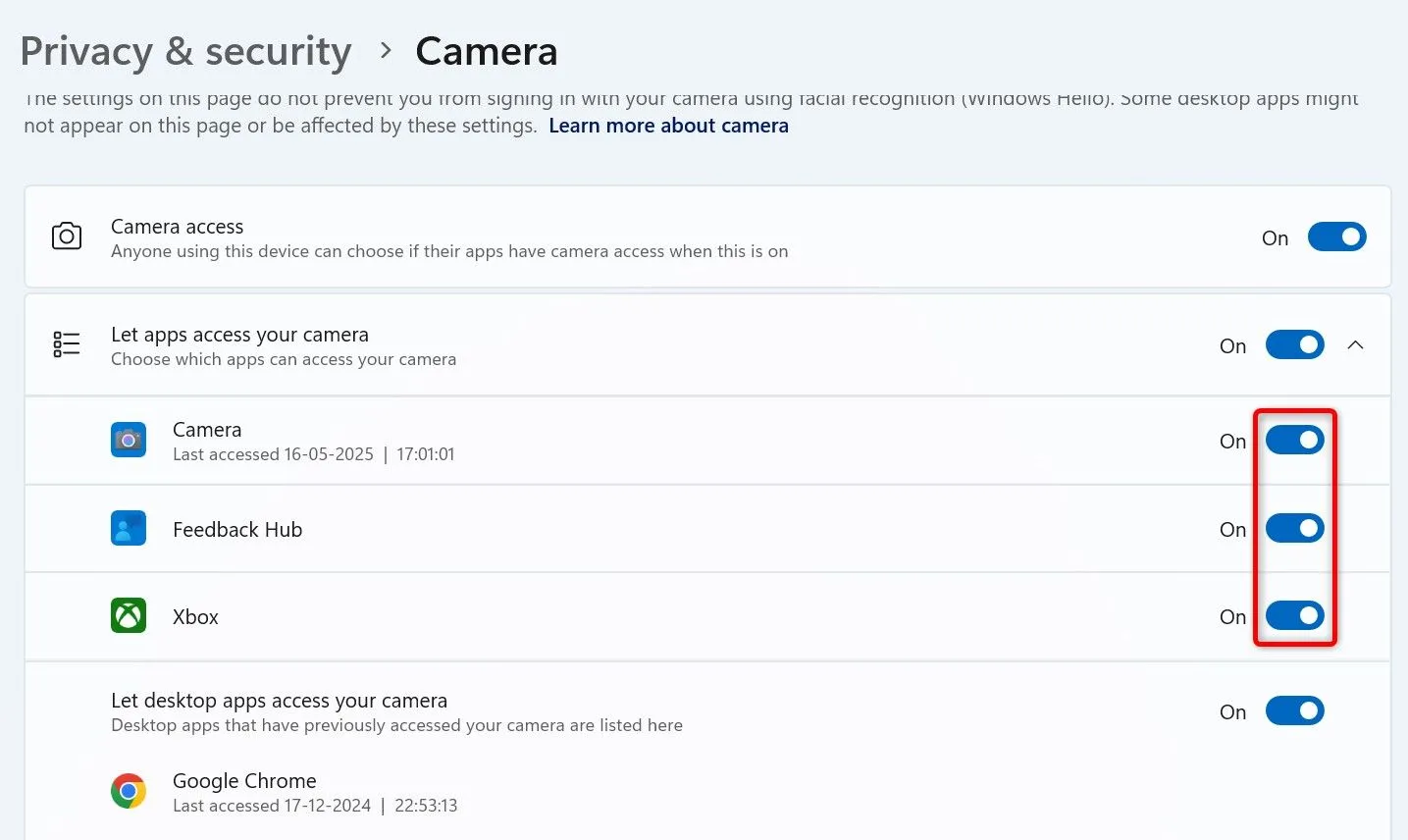 Các nút gạt để tắt quyền truy cập camera cho từng ứng dụng trong Cài đặt Windows 11