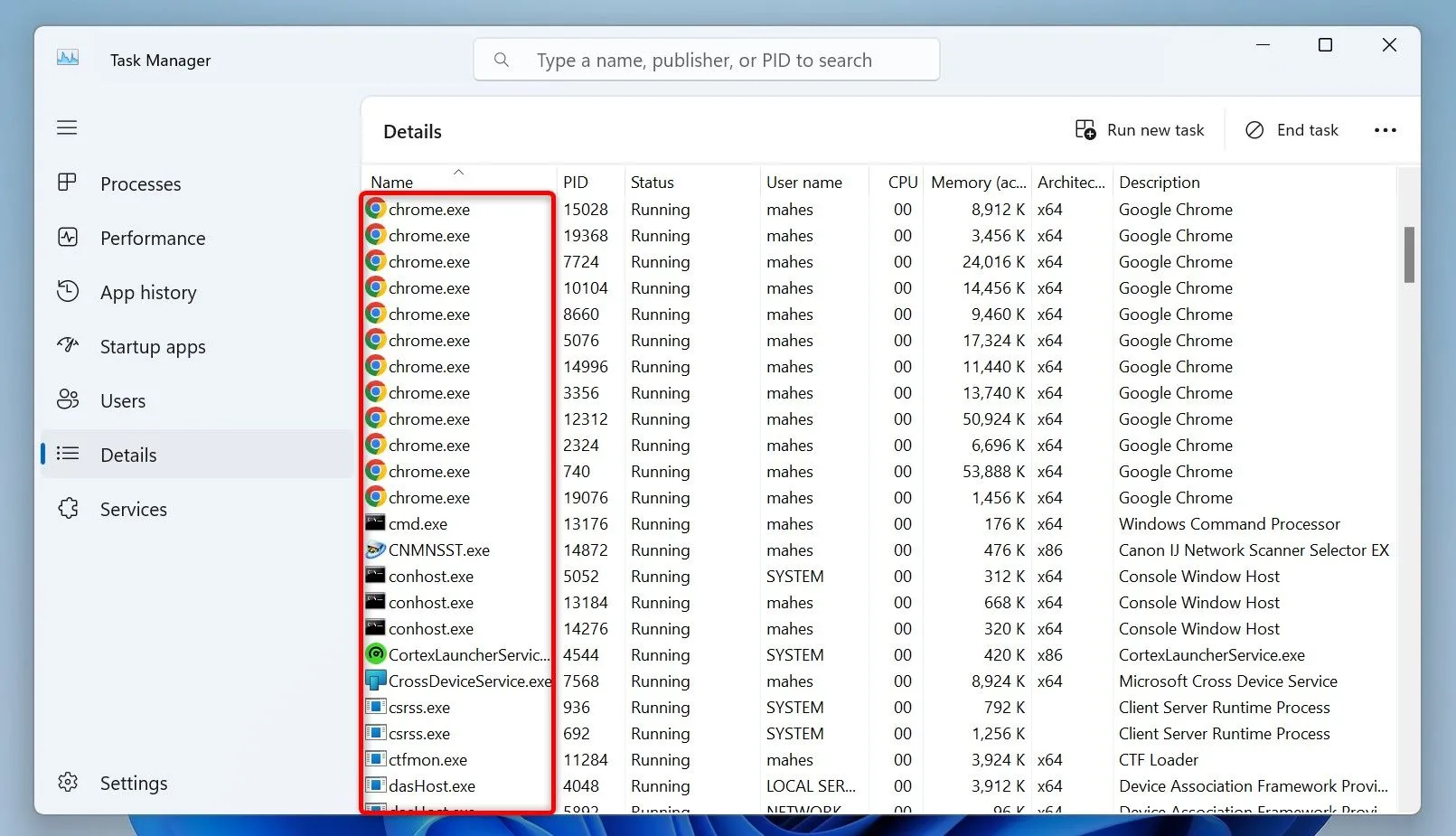 Các tên tiến trình được tô sáng trong Task Manager để xác định ứng dụng
