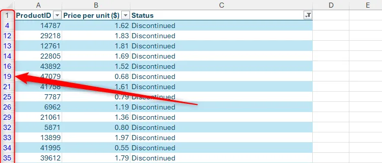 Các tiêu đề hàng trong bộ dữ liệu Excel đã lọc hiển thị các dòng không liên tục, gây chậm khi xóa.