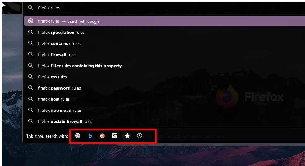 Các tùy chọn công cụ tìm kiếm khác nhau trên thanh địa chỉ (Omnibar) của Firefox