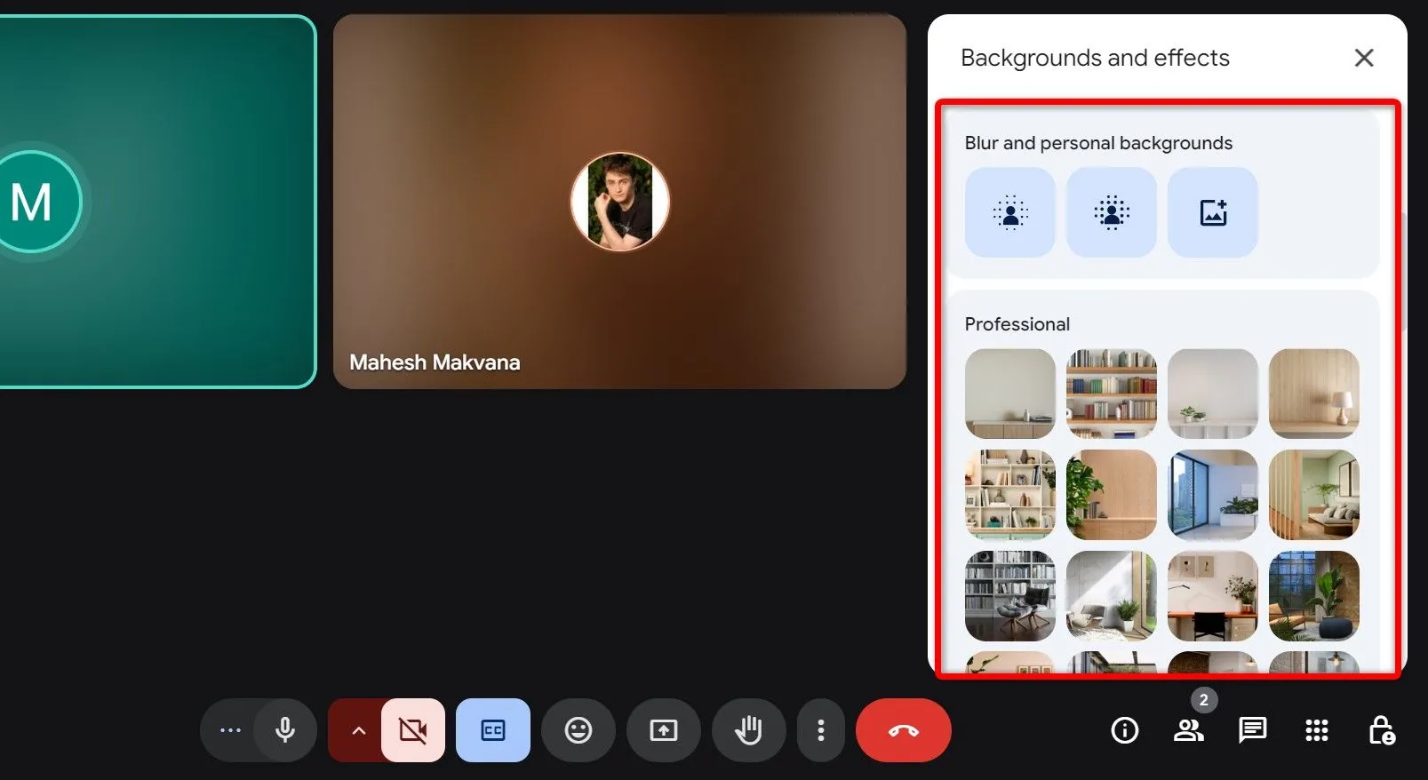 Các tùy chọn làm mờ và thay thế nền trong cài đặt Google Meet