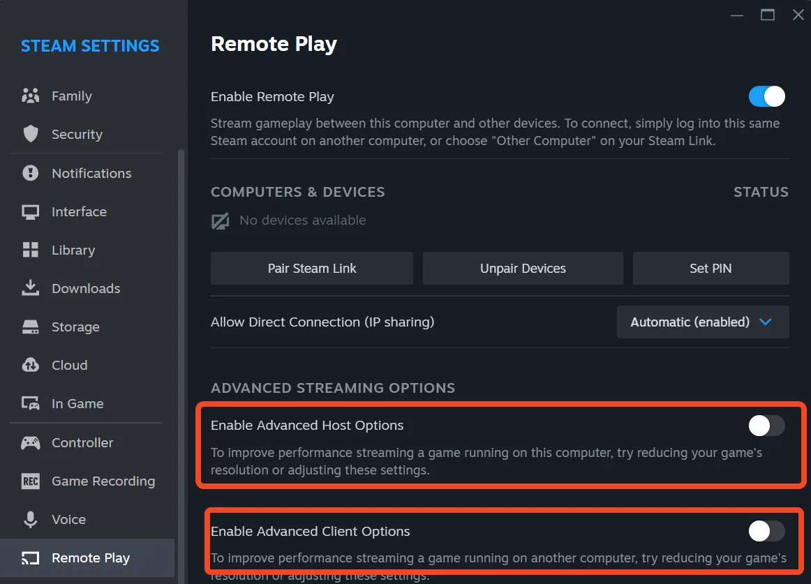 Các tùy chọn nâng cao của Steam Remote Play, bao gồm cài đặt chất lượng stream và băng thông