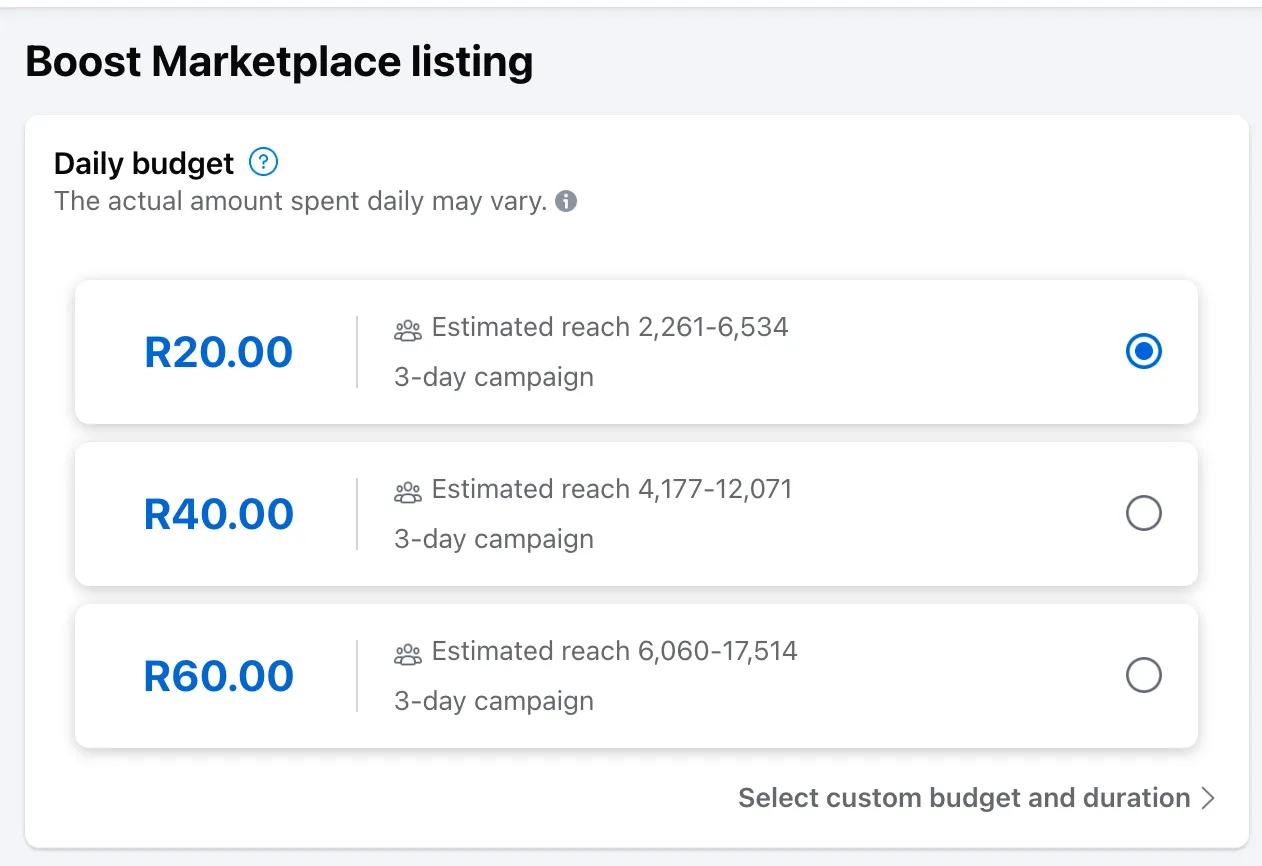 Các tùy chọn quảng bá tin đăng trên Facebook Marketplace