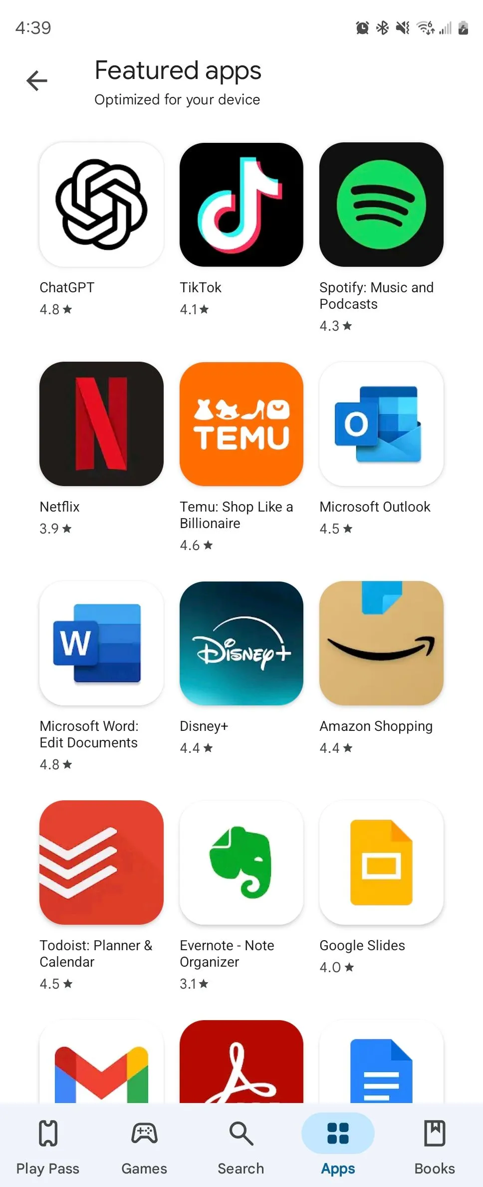 Các ứng dụng nổi bật được giới thiệu trên Google Play Store, chủ yếu là các thương hiệu lớn và phổ biến.