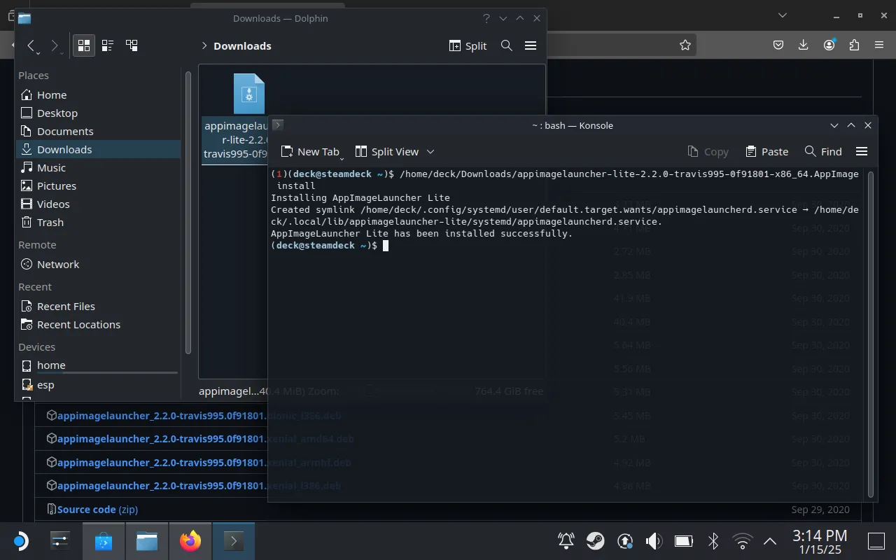 Cài đặt AppImageLauncher thành công trên Steam Deck.