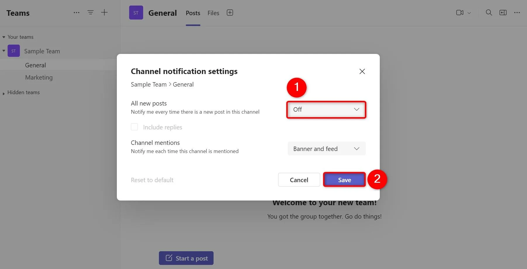 Cài đặt thông báo kênh trong Microsoft Teams với tùy chọn &quot;Tắt&quot; được chọn để tắt tiếng.