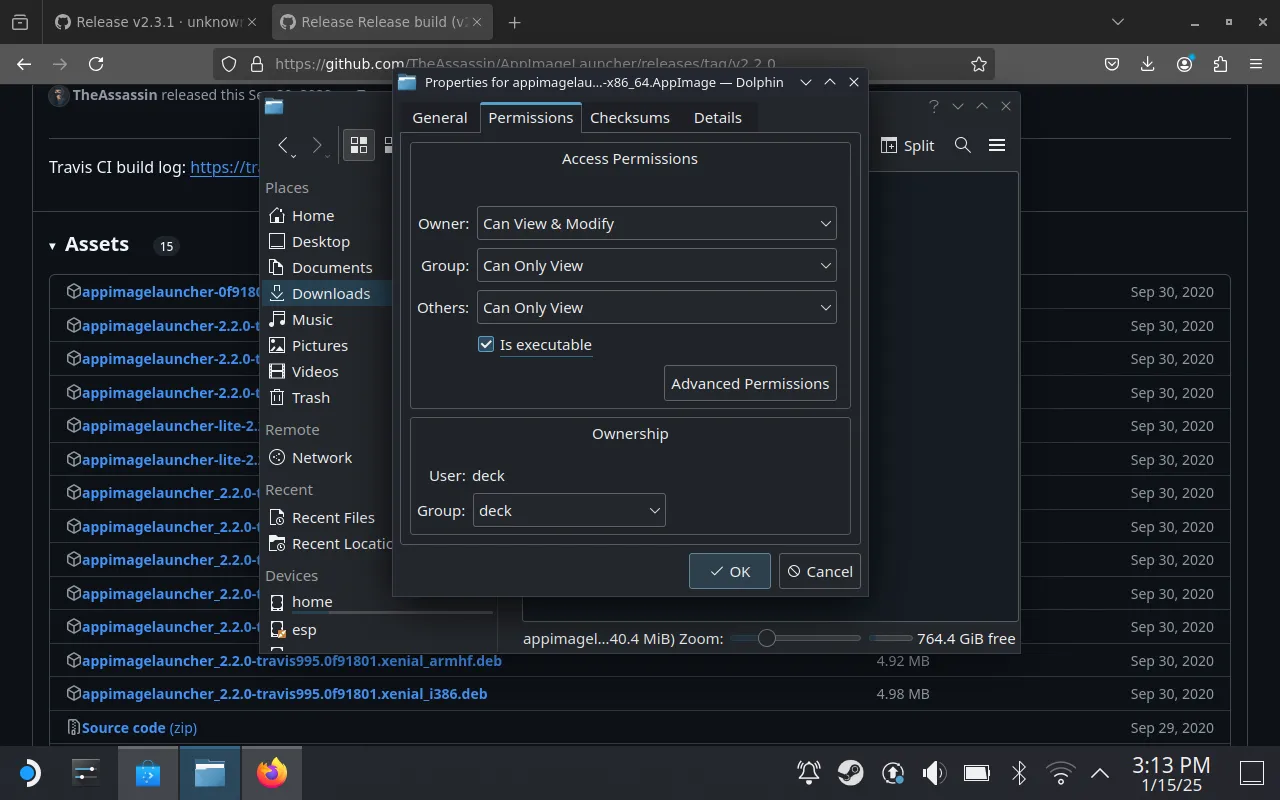 Cấp quyền thực thi cho bộ cài AppImageLauncher trên Steam Deck.