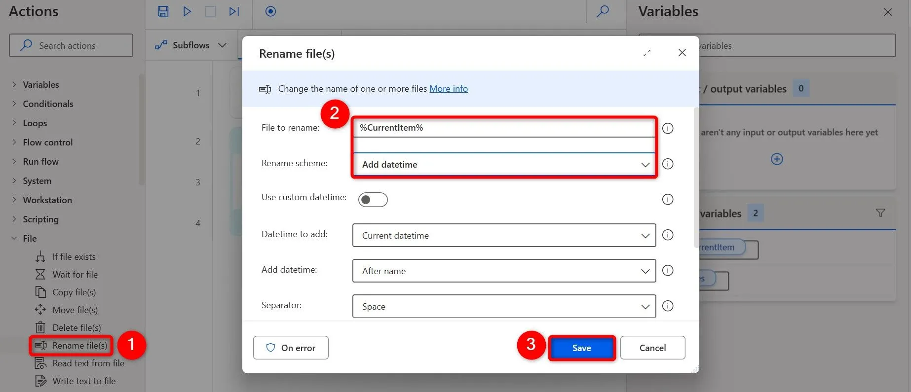 Cấu hình hành động đổi tên tệp tin và thêm ngày giờ trong Power Automate