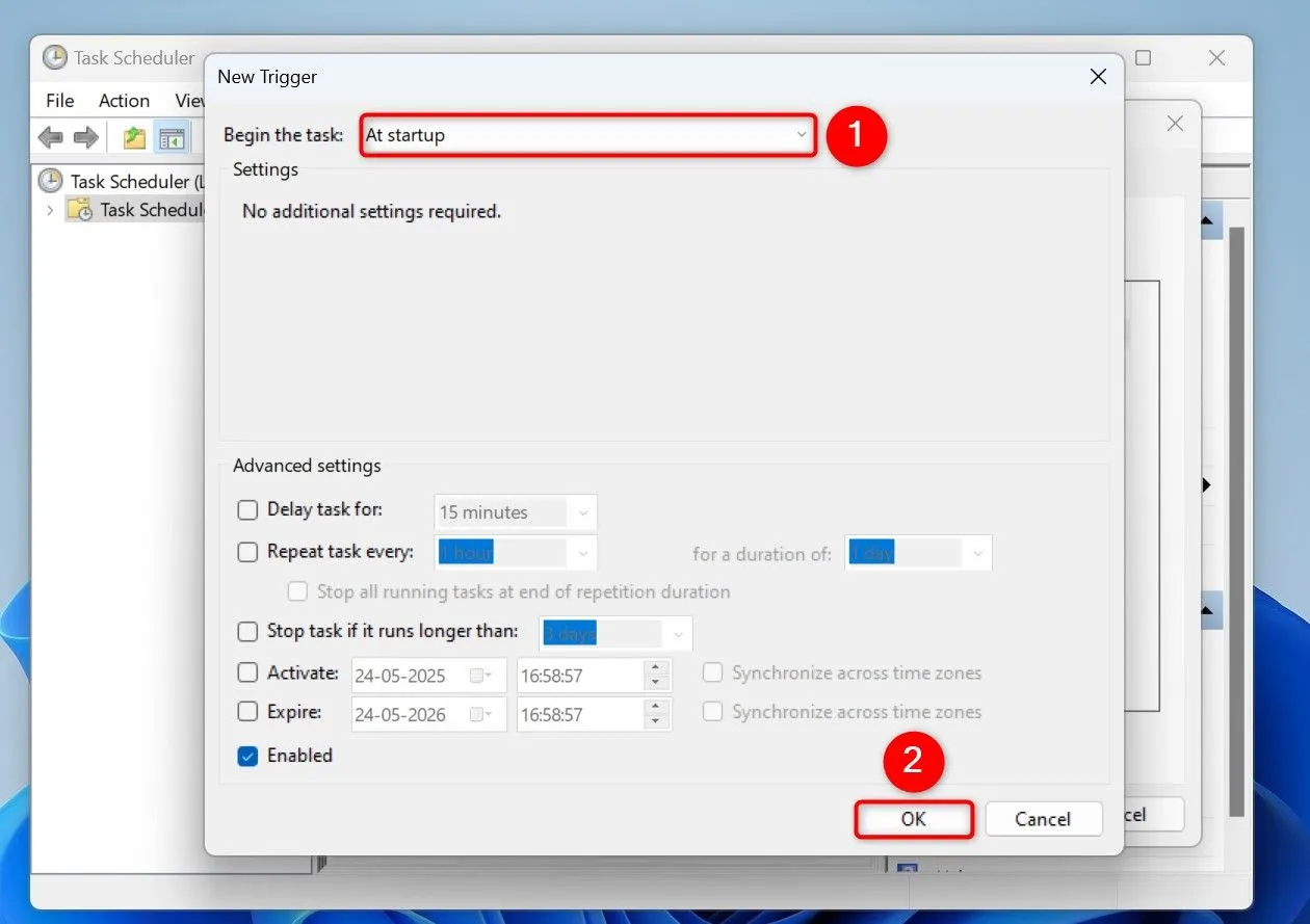 Cấu hình Task Scheduler để chạy script xóa file tạm tự động khi Windows 11 khởi động