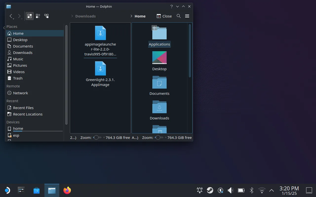 Chế độ Split View trong Dolphin trên SteamOS để quản lý tệp.