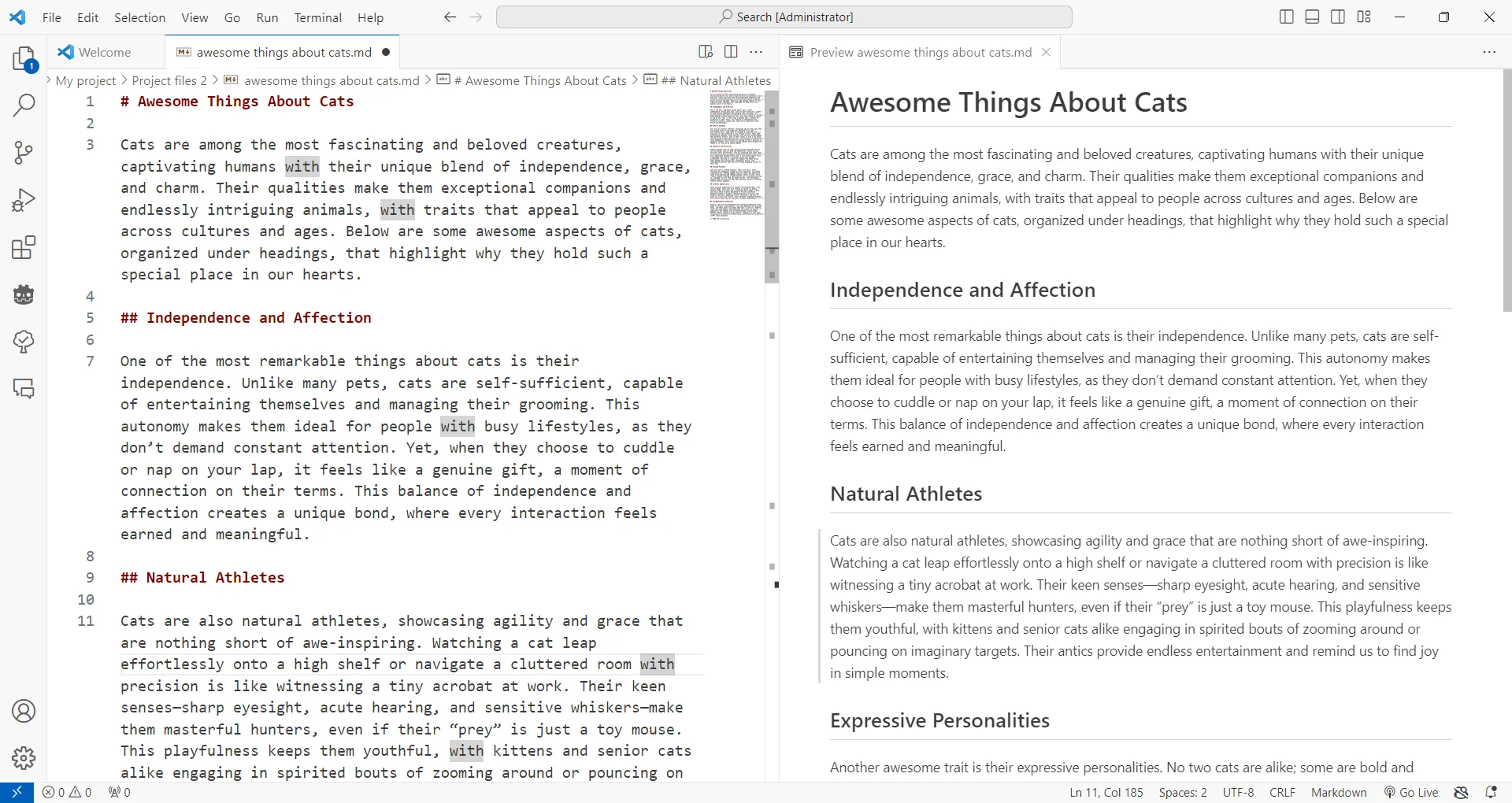 Chế độ xem trước Markdown trực quan trong Visual Studio Code, giúp kiểm tra định dạng tài liệu.