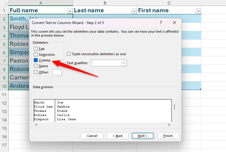 Chỉ chọn Comma làm ký tự phân tách trong Convert Text To Columns Wizard của Excel