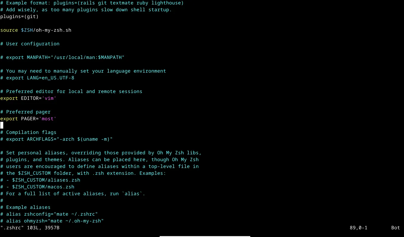 Chỉnh sửa file .zshrc trong trình soạn thảo Vim