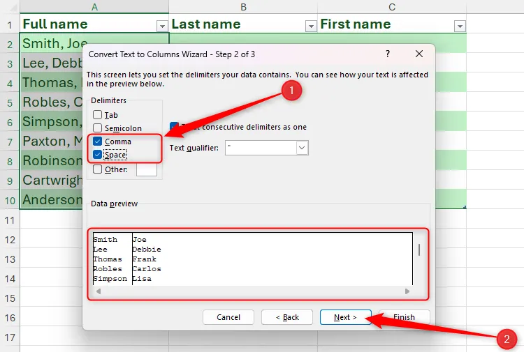 Chọn Comma và Space làm ký tự phân tách trong Convert Text To Columns Wizard của Excel