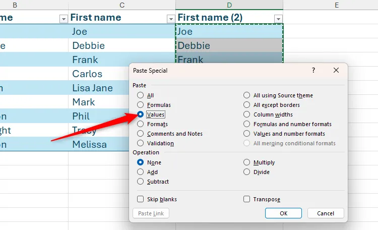 Chọn Values trong hộp thoại Paste Special của Microsoft Excel