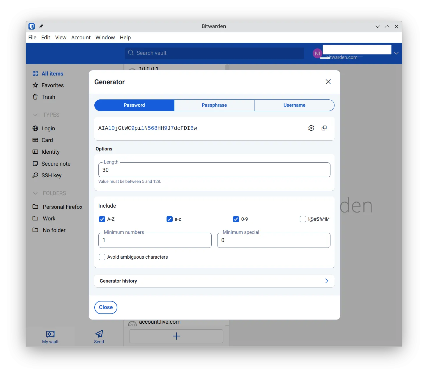Chức năng tạo mật khẩu an toàn của BitWarden, hiển thị các tùy chọn và kết quả mật khẩu được tạo