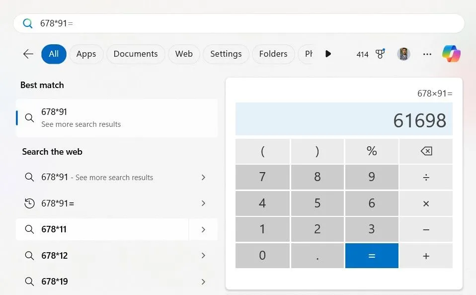 Chức năng tính toán cơ bản tích hợp trong thanh tìm kiếm Start Menu của Windows