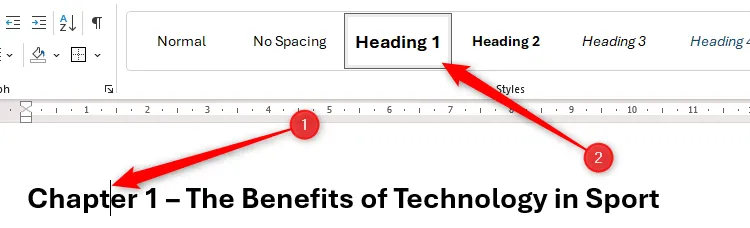 Con trỏ được đặt trong tiêu đề chương trong Microsoft Word, và Heading 1 được chọn trong Style Gallery.