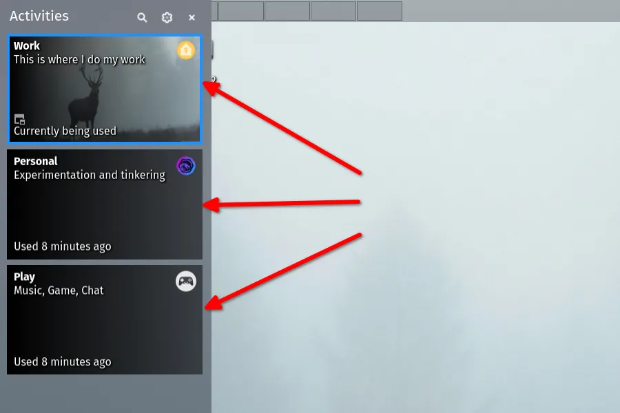 Công cụ chuyển đổi Hoạt động KDE hiển thị ba Hoạt động khác nhau.