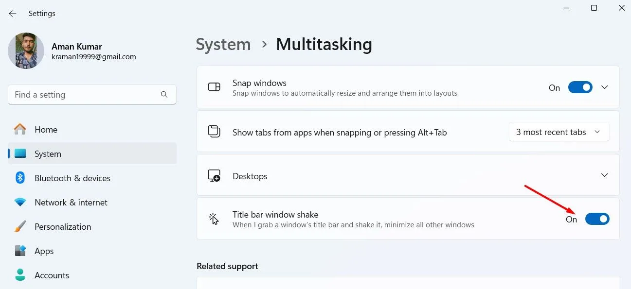 Công tắc kích hoạt tính năng Lắc thanh tiêu đề cửa sổ trong Cài đặt hệ thống Windows 11