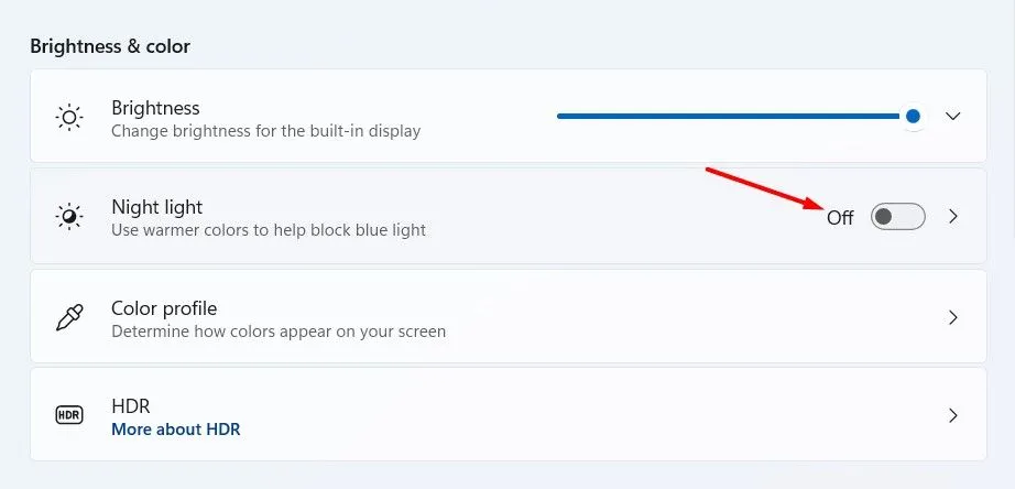 Công tắc kích hoạt tính năng Night Light giúp chặn ánh sáng xanh trong Cài đặt hiển thị