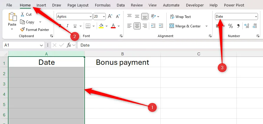 Cột A trong Excel được chọn, và Ngày trong nhóm Số của tab Trang chủ được chọn.