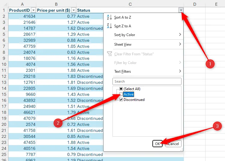 Cột &quot;Trạng thái&quot; trong Excel được lọc, bỏ chọn &quot;Active&quot; để hiển thị các sản phẩm ngừng kinh doanh.