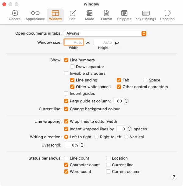 Cửa sổ cài đặt CotEditor hiển thị các tùy chọn cấu hình giao diện như ký tự ẩn, ngắt dòng và thông tin thanh trạng thái.