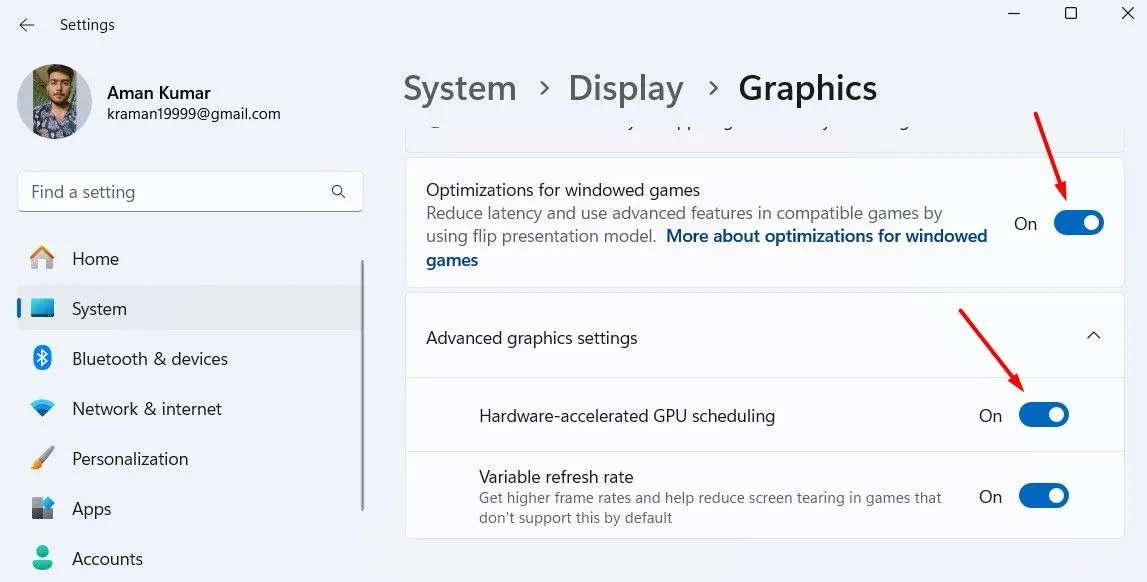 Cửa sổ cài đặt Đồ họa (Graphics) trong ứng dụng Cài đặt (Settings) của Windows 11, hiển thị tùy chọn 'Tối ưu hóa cho Game cửa sổ' và 'Tốc độ làm mới thay đổi'.