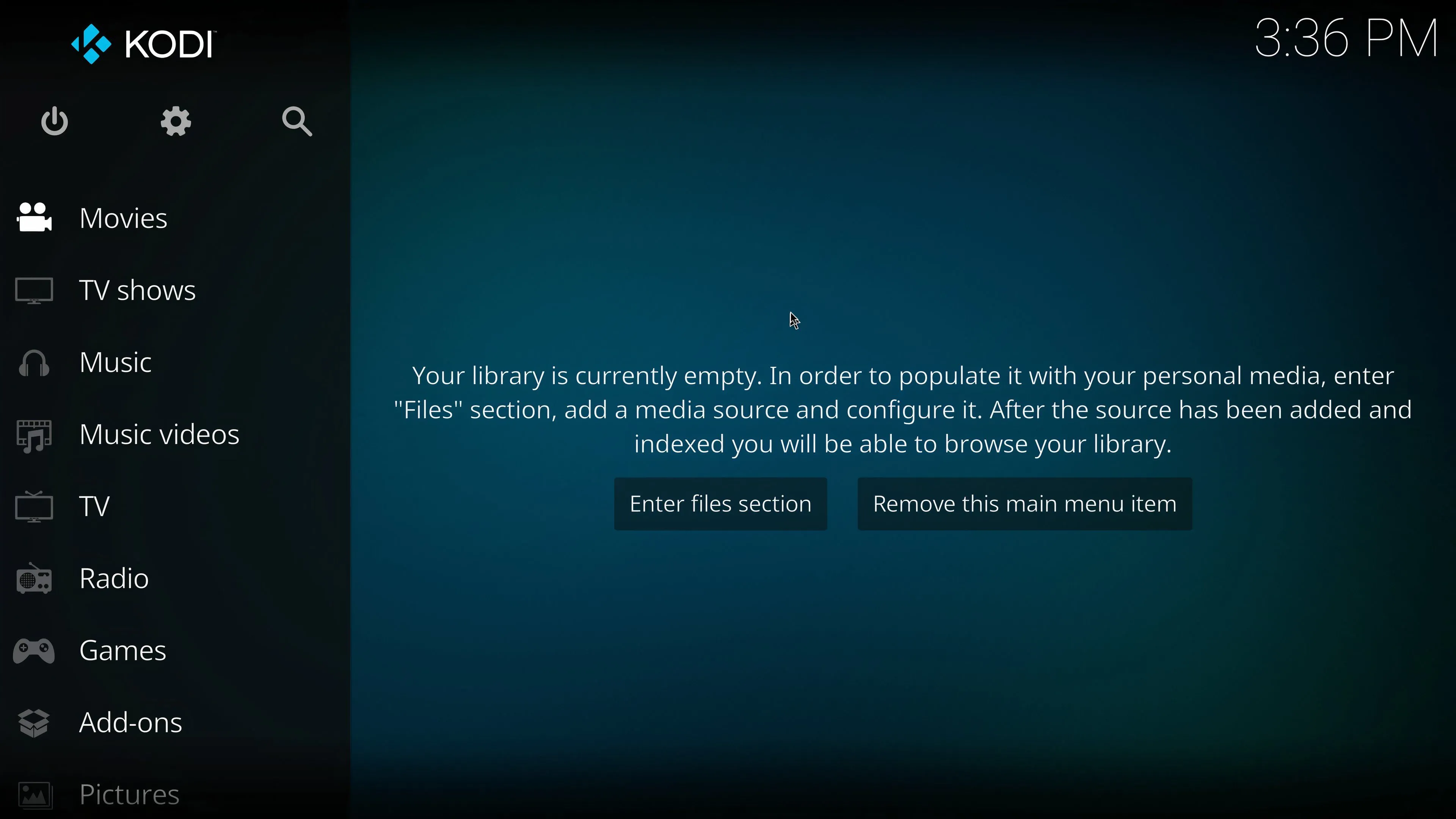 Cửa sổ chính của Kodi trước khi người dùng thêm các tệp phương tiện