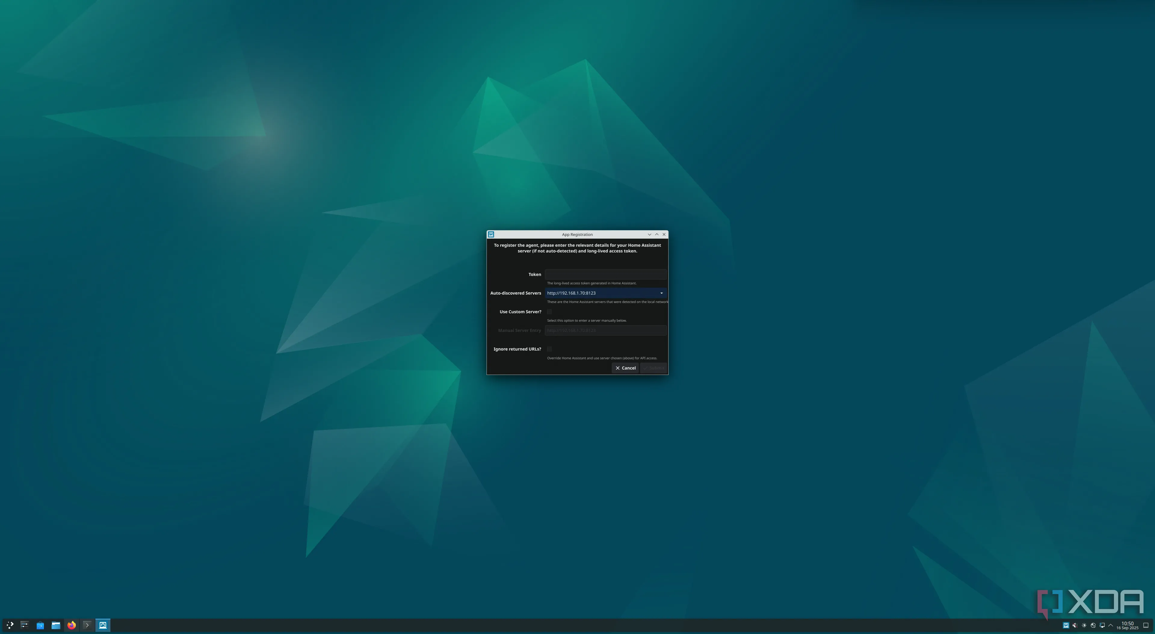 Cửa sổ đăng ký ứng dụng Go HASS Agent trên màn hình máy tính Linux, hiển thị các bước kết nối với Home Assistant.