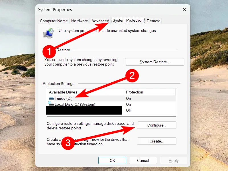 Cửa sổ &quot;System Properties&quot; trên Windows 11, hiển thị tab &quot;System Protection&quot; và tùy chọn cấu hình điểm khôi phục hệ thống