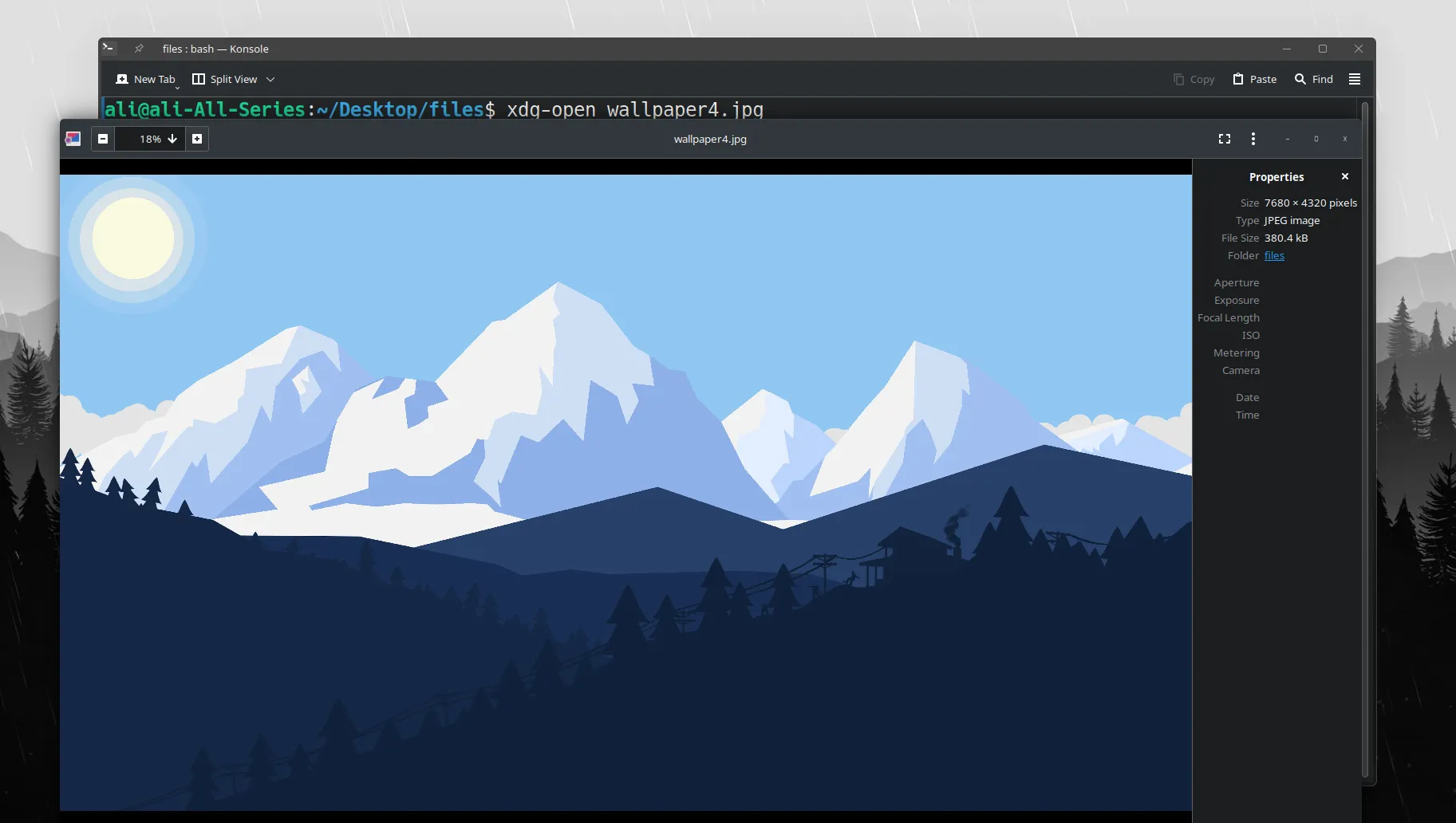 Cửa sổ terminal minh họa lệnh xdg-open được sử dụng để mở một tệp hình ảnh định dạng JPEG.